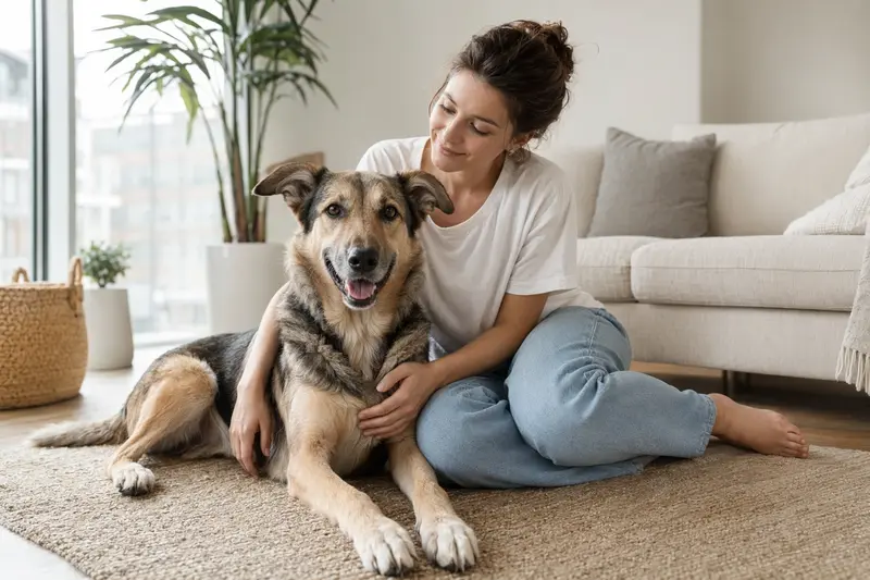 Ein entspannter, gesunder Hund sitzt neben seinem Halter in einer hellen Wohnung und strahlt Zufriedenheit aus.