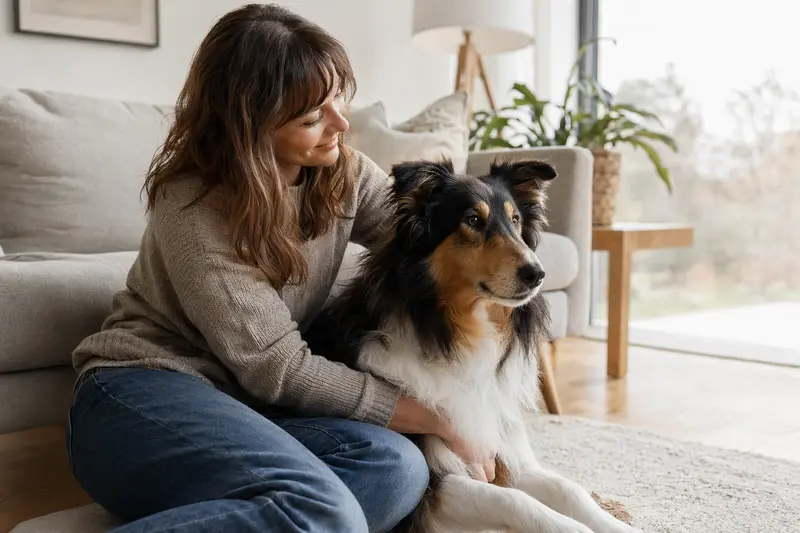 Ein glücklicher Highland Collie sitzt entspannt neben seinem Halter in einer modernen Wohnung.
