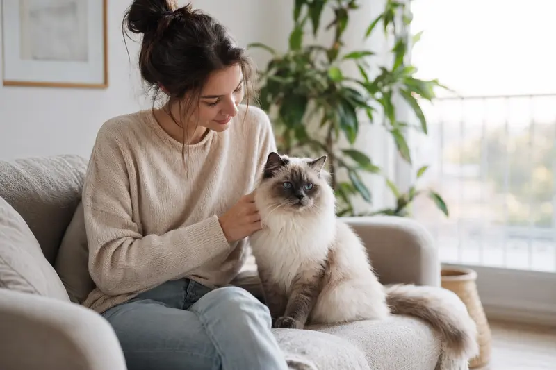Eine gesunde Himalaya-Katze sitzt entspannt neben ihrem Besitzer in einer hellen, modernen Wohnung und genießt die vertrauensvolle Atmosphäre.