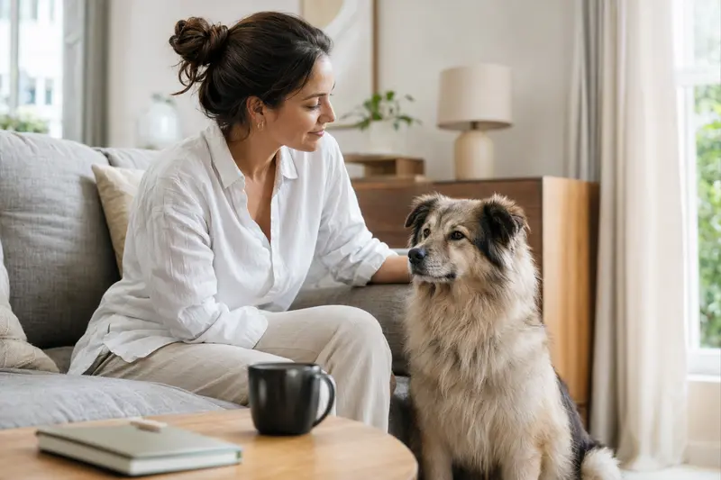 Ein gesunder Himalaya-Hund sitzt entspannt neben seinem Besitzer in einer modernen Wohnung.