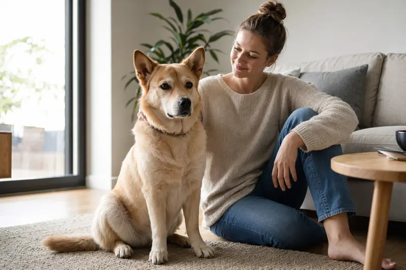 Glücklicher Hokkaido sitzt entspannt neben seinem Halter in einer hellen Wohnung als hochwertiges Hero-Bild für Hundeversicherungen.