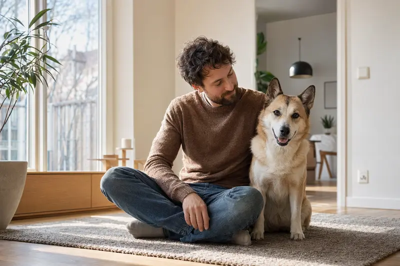 Ein entspannter Hokkaido sitzt neben seinem glücklichen Besitzer in einer modernen Wohnung und vermittelt eine vertrauensvolle Atmosphäre.
