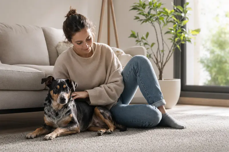 Ein glücklicher Hund mit seinem Halter in einer modernen Wohnung, die eine vertrauensvolle Atmosphäre ausstrahlt.