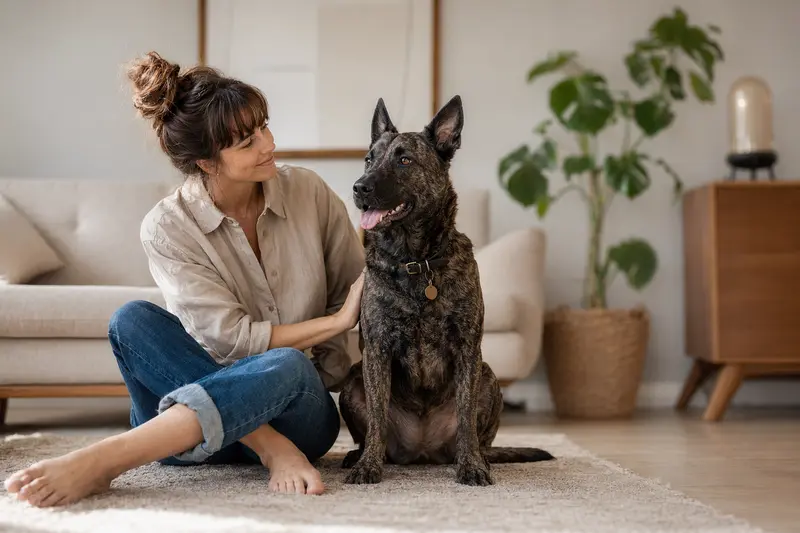 Ein entspannter Holländischer Schäferhund sitzt neben seinem freundlichen Besitzer in einer modernen Wohnung und genießt das natürliche Licht.