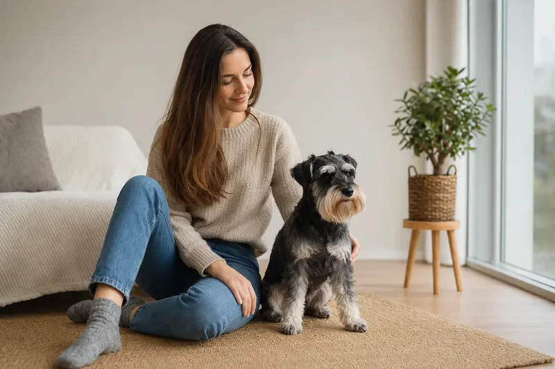 Ein glücklicher Holländischer Schnauzer sitzt entspannt neben seinem Besitzer in einer modernen Wohnung und strahlt Zufriedenheit aus.