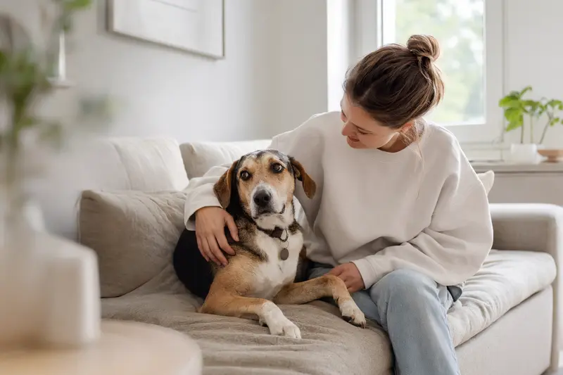 Ein glücklicher Hund sitzt entspannt neben seinem Besitzer in einer modernen Wohnung und strahlt Vertrauen aus.