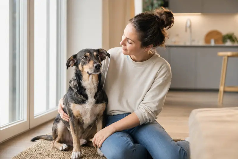 Ein entspannter Hybridhund sitzt neben seinem Besitzer in einer hellen Wohnung und strahlt Vertrauen aus.