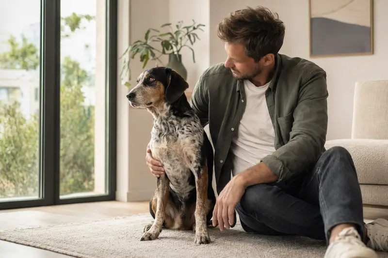 Ein glücklicher Hund mit seinem Halter in einer modernen Wohnung, umgeben von warmem Licht.