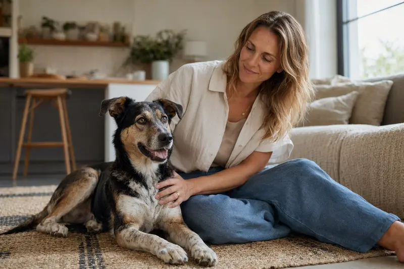 Ein glücklicher Hygienlaufhund sitzt entspannt neben seinem Halter in einer modernen Wohnung.