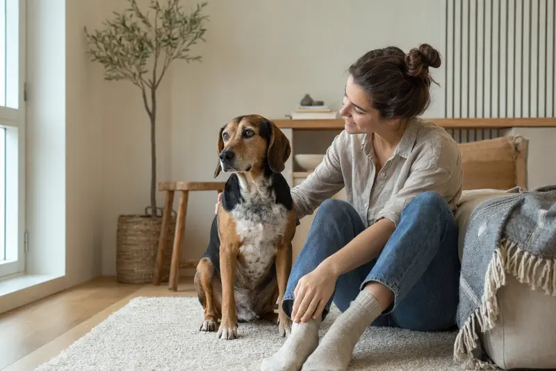 Ein entspannter Ilirski Gonic sitzt neben seinem Besitzer in einer modernen Wohnung und genießt die vertrauensvolle Atmosphäre.