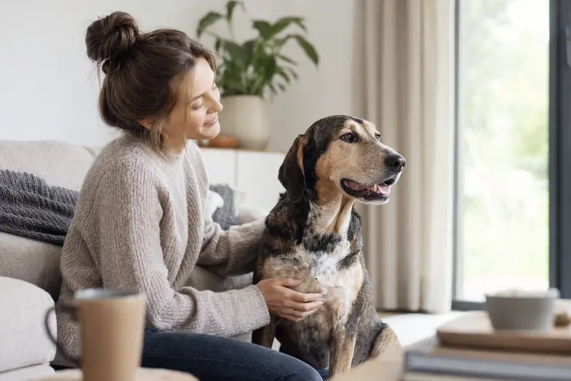 Ein glücklicher Illyrischer Laufhund sitzt entspannt neben seinem Besitzer in einer modernen Wohnung.