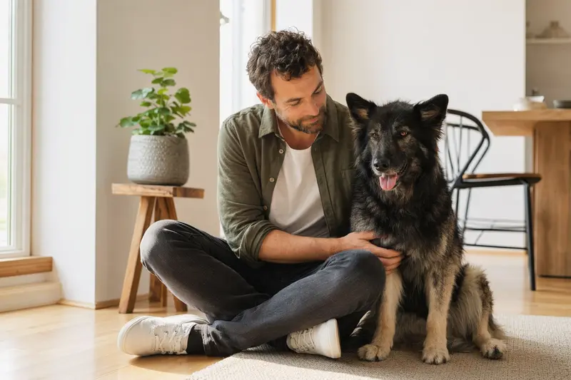 Glücklicher Illyrischer Schäferhund sitzt entspannt neben seinem Besitzer in einer modernen Wohnung.