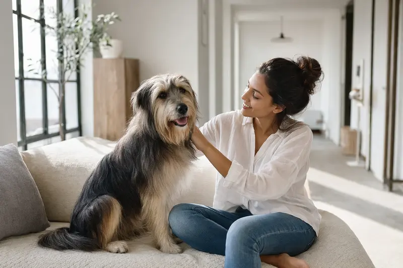 Ein gesunder Indian Beardog sitzt zufrieden neben seinem Besitzer in einer hellen Wohnung.