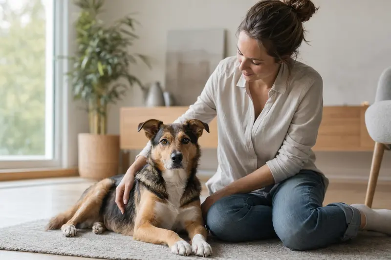 Ein gesunder Hund sitzt entspannt neben seinem Besitzer in einer modernen Wohnung und genießt die vertrauensvolle Atmosphäre.
