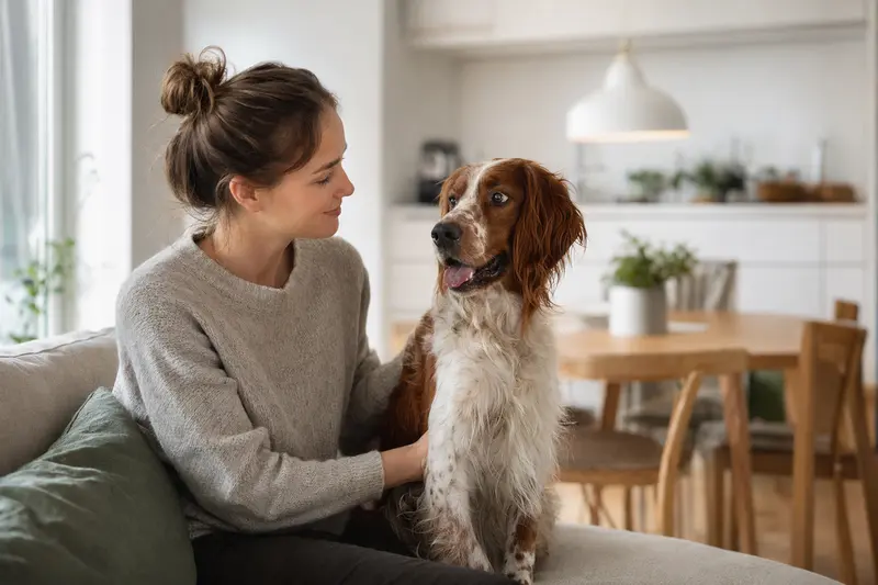 Ein glücklicher irisch rot-weißer Setter sitzt entspannt neben seinem Halter in einer modernen Wohnung.