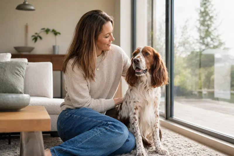 Ein entspannter irischer rot-weißer Setter sitzt glücklich neben seinem Besitzer in einer hellen, modernen Wohnung.
