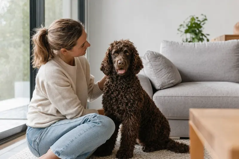 Ein freundlicher Irischer Wasserspaniel sitzt entspannt neben seinem Besitzer in einer modernen Wohnung.