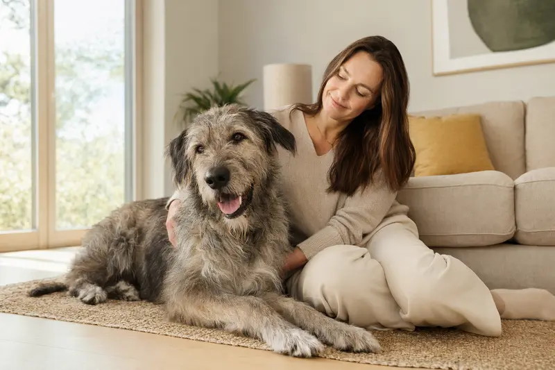 Ein glücklicher Irischer Wolfshund sitzt entspannt neben seinem Besitzer in einer modernen Wohnung.
