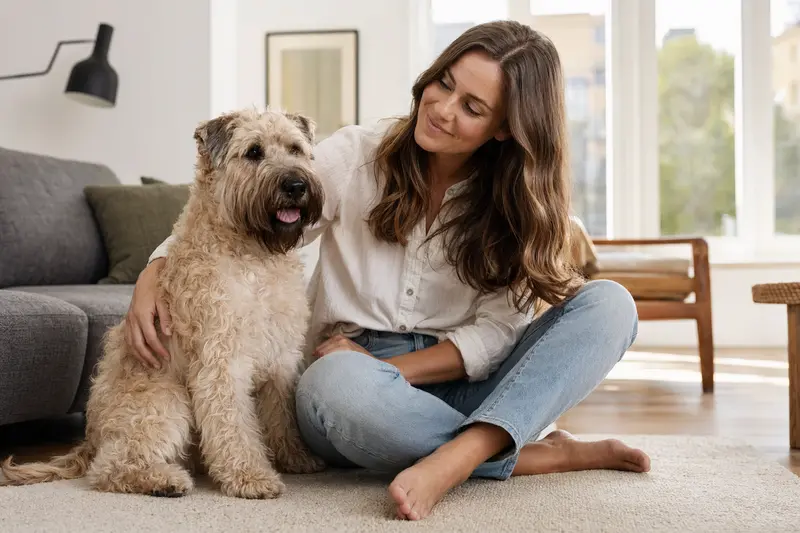 Ein glücklicher Irish Soft-Coated Wheaten Terrier sitzt entspannt neben seinem Besitzer in einer modernen Wohnung.