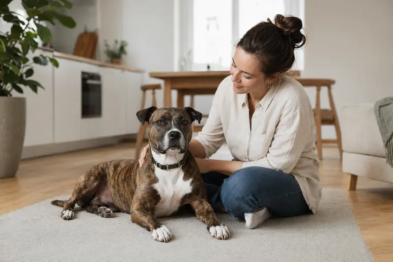 Ein gesunder Irish Staffordshire Terrier sitzt entspannt neben seinem Halter in einer modernen Wohnung.