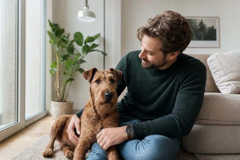 Ein glücklicher Irish Terrier sitzt entspannt neben seinem Besitzer in einer modernen Wohnung.
