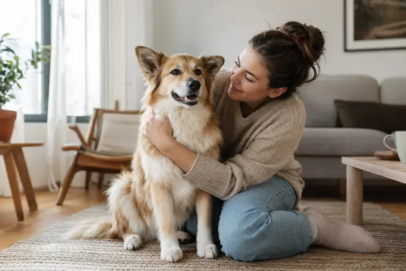 Ein entspannter isländischer Schäferhund sitzt neben seinem Besitzer in einer modernen Wohnung und strahlt Zufriedenheit aus.