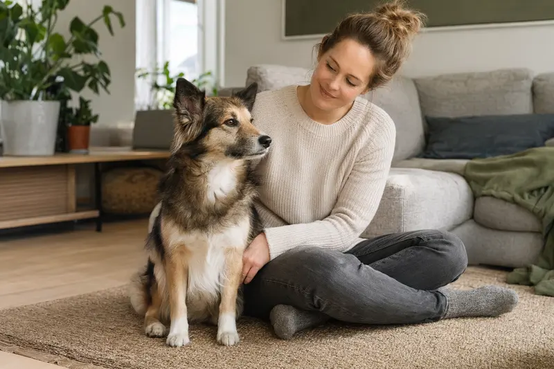 Ein glücklicher Islandhund sitzt entspannt neben seinem Halter in einer modernen Wohnung und genießt die gemeinsame Zeit.