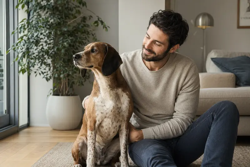Ein glücklicher Istrianer Bracke sitzt entspannt neben seinem Besitzer in einer modernen Wohnung und vermittelt Vertrauen.