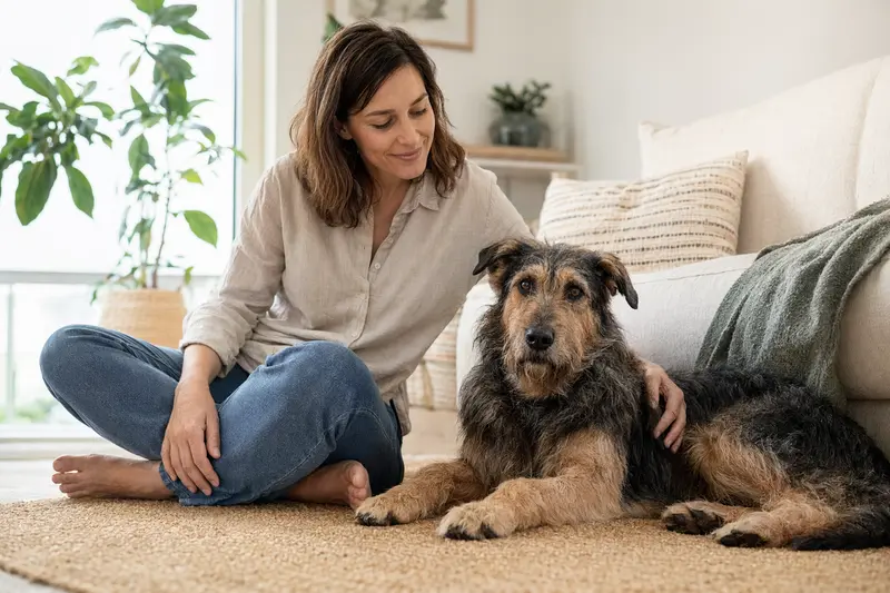 Ein glücklicher Istrianer Schäferhund sitzt entspannt neben seinem Besitzer in einer modernen Wohnung und strahlt Vertrauen aus.