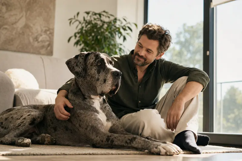 Eine glückliche Italienische Dogge sitzt entspannt neben ihrem Besitzer in einer modernen Wohnung.