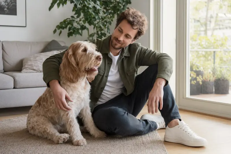 Glücklicher Italienischer Spinone sitzt entspannt neben seinem Halter in einer hellen Wohnung als hochwertiges Hero-Bild zum Thema Hundeversicherung.