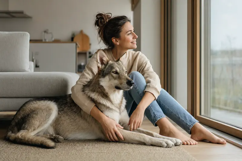 Ein gesunder Italienischer Wolfhund sitzt entspannt neben seinem Besitzer in einer modern eingerichteten Wohnung.