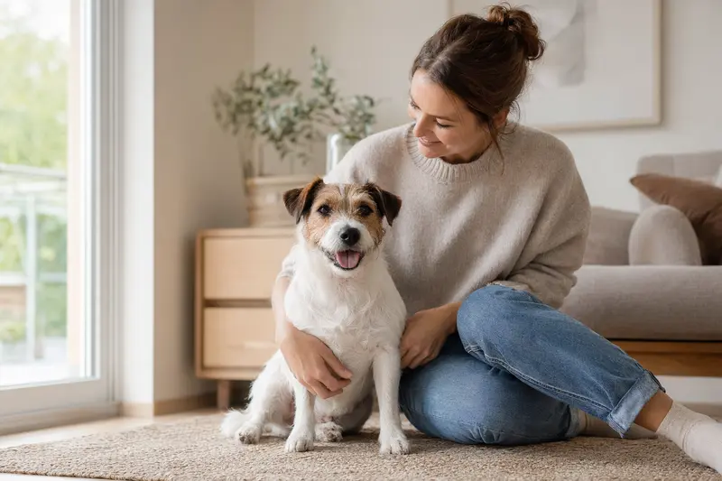 Glücklicher Jack Russell Terrier sitzt entspannt neben seinem Besitzer in einer modernen Wohnung.