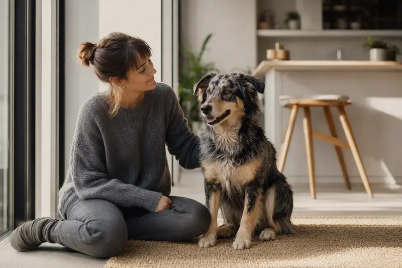 Ein glücklicher Jämtländer sitzt entspannt neben seinem Halter in einer modernen Wohnung und strahlt Gesundheit und Zufriedenheit aus.