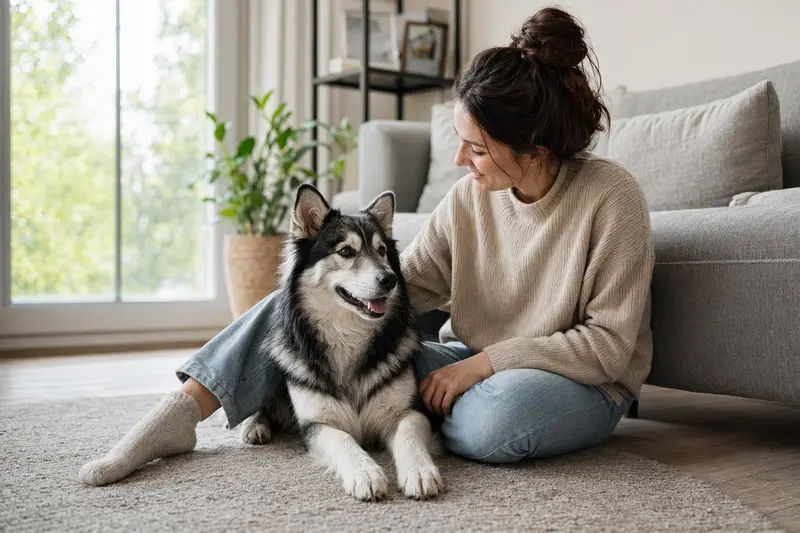 Ein entspannter Jakutischer Laika sitzt neben seinem glücklichen Besitzer in einer hellen Wohnung.