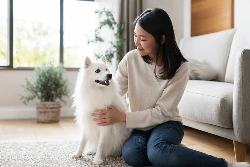 Ein glücklicher Japan Spitz sitzt entspannt neben seinem Halter in einer modernen Wohnung.