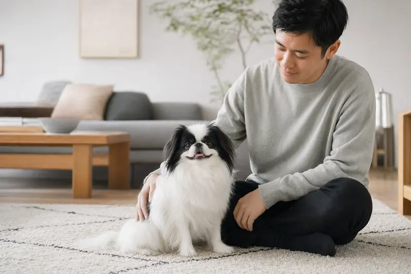 Glücklicher Japaner-Chin sitzt entspannt neben seinem Halter in einer modernen Wohnung.
