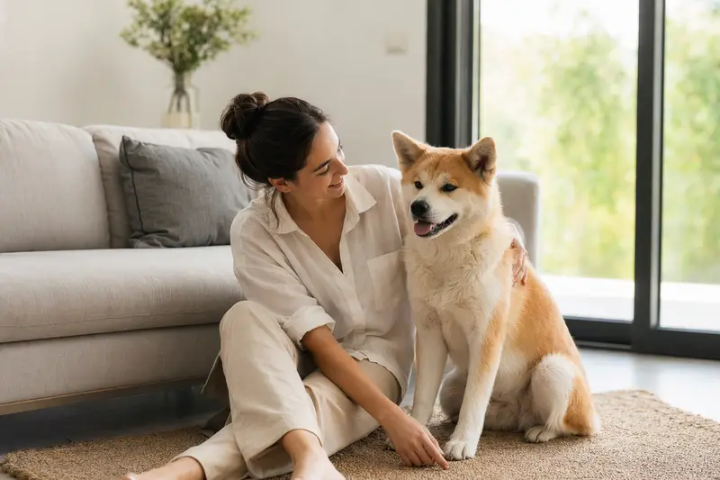 Ein entspannter Japanischer Akita sitzt neben seinem Halter in einer modernen Wohnung und strahlt Vertrauen aus.