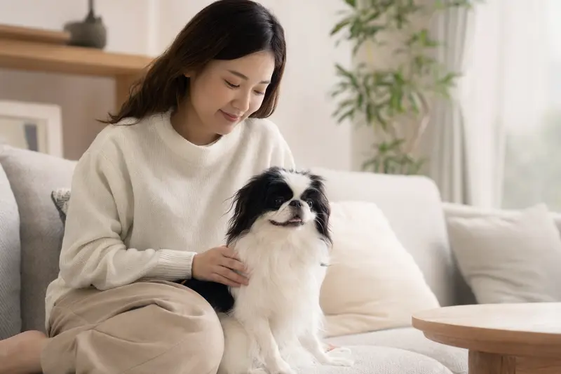 Ein glücklicher Japanischer Chin sitzt neben seinem Halter in einer modernen, hellen Wohnung und genießt die entspannte Atmosphäre.