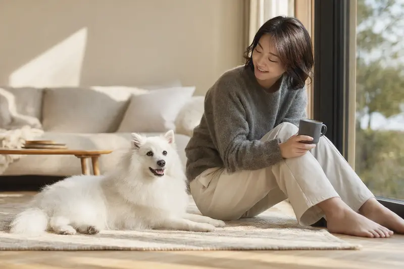 Glücklicher Hund neben seinem Besitzer in einer hellen, modernen Wohnung.