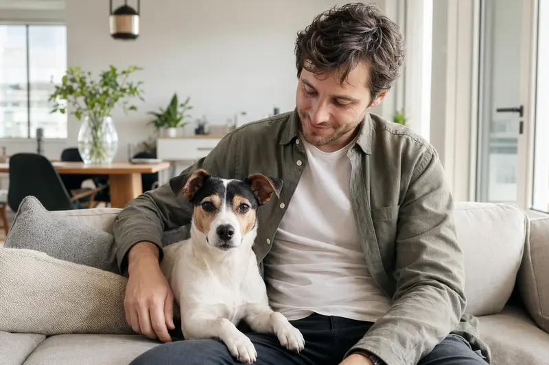 Ein glücklicher Japanischer Terrier sitzt entspannt neben seinem Besitzer in einer modernen Wohnung.