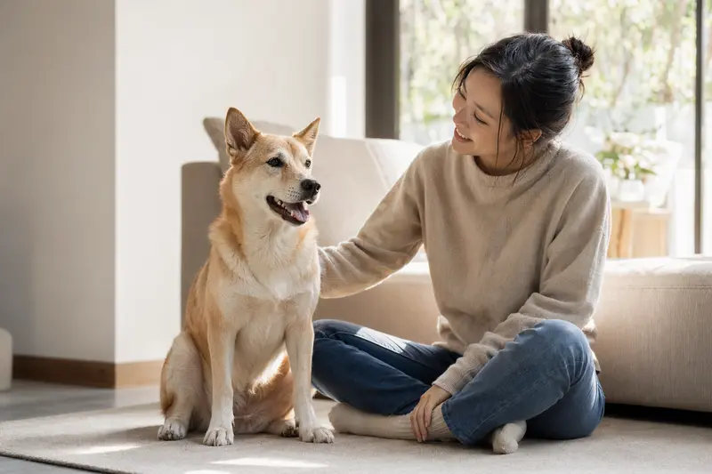 Ein freundlicher Jindo sitzt entspannt neben seinem Halter in einer hellen modernen Wohnung und vermittelt eine vertrauensvolle Atmosphäre rund um die Hundekrankenversicherung.