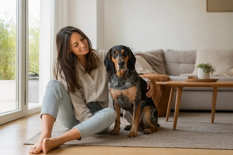 Ein glücklicher Jugoslavenski Planinski Gonic sitzt entspannt neben seinem Halter in einer hellen modernen Wohnung und vermittelt Vertrauen, Gesundheit und Hundeversicherung.