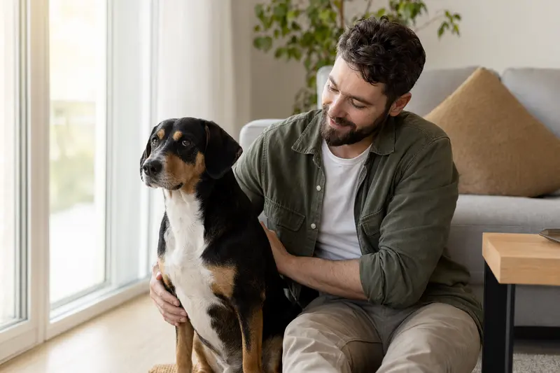 Ein glücklicher Jugoslawischer Dreifarbiger Bracke sitzt entspannt neben seinem Halter in einer hellen Wohnung, was eine vertrauensvolle Atmosphäre schafft.