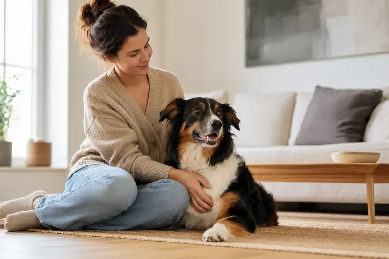 Glücklicher hund sitzt entspannt neben seinem Besitzer in einer modernen Wohnung.