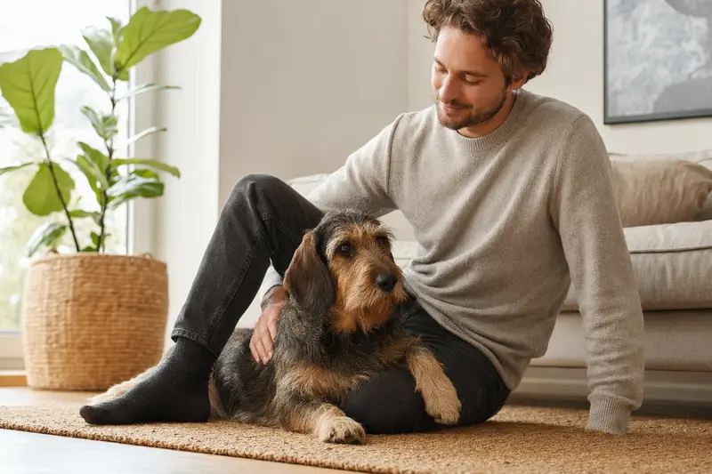 Ein entspannter Jura Niederlaufhund sitzt neben seinem Besitzer in einer hellen modernen Wohnung und strahlt Zufriedenheit aus.