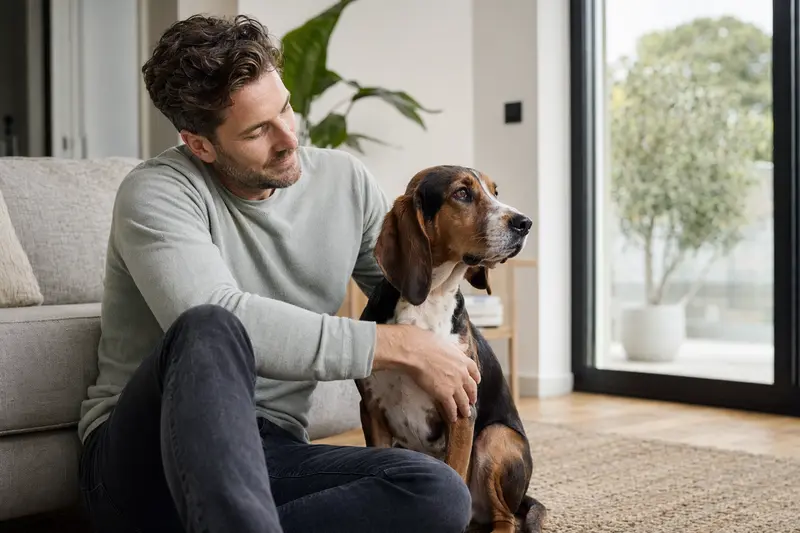 Ein gesunder Jura Laufhund sitzt entspannt neben seinem Halter in einer hellen Wohnung mit freundlicher Atmosphäre, passend zum Thema Hundeversicherung.