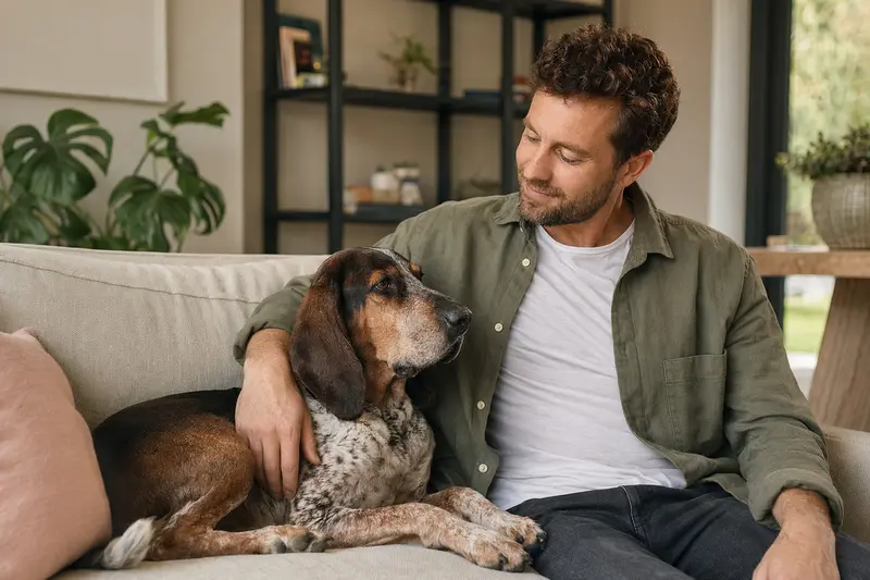 Ein entspannter Jura Typ St. Hubert Laufhund sitzt neben seinem glücklichen Halter in einer modernen Wohnung.