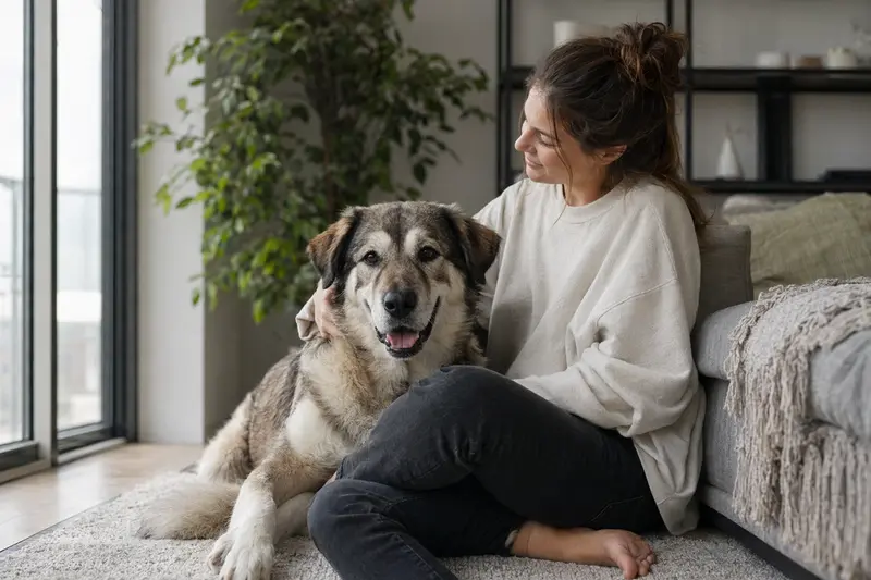 Ein glücklicher Kafkas-Hund sitzt entspannt neben seinem Besitzer in einer modernen Wohnung.