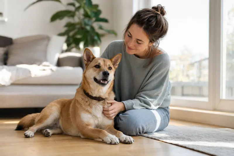 Glücklicher Kai Inu sitzt entspannt neben seinem Besitzer in einer hellen Wohnung.